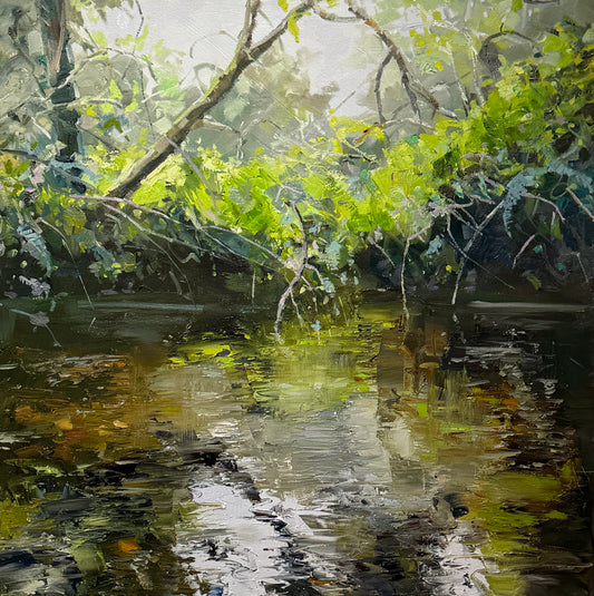 River’s edge reflections, 71cm x 71cm, oil on canvas, framed