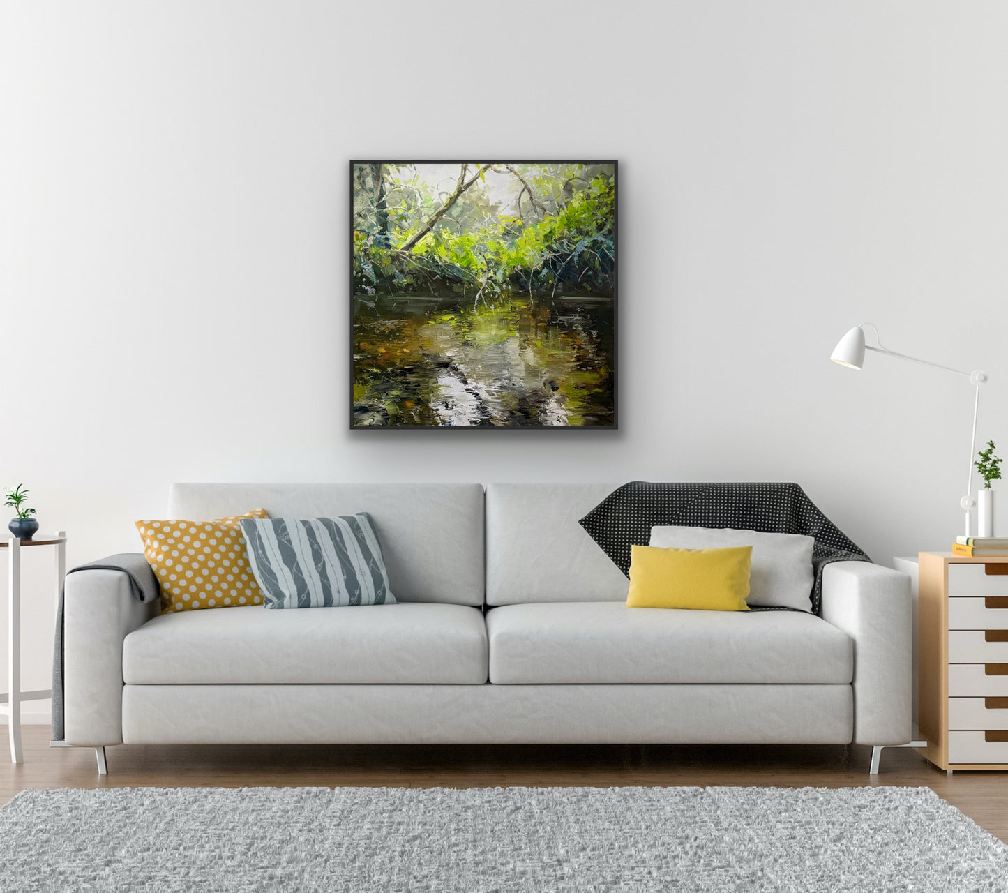 River’s edge reflections, 71cm x 71cm, oil on canvas, framed