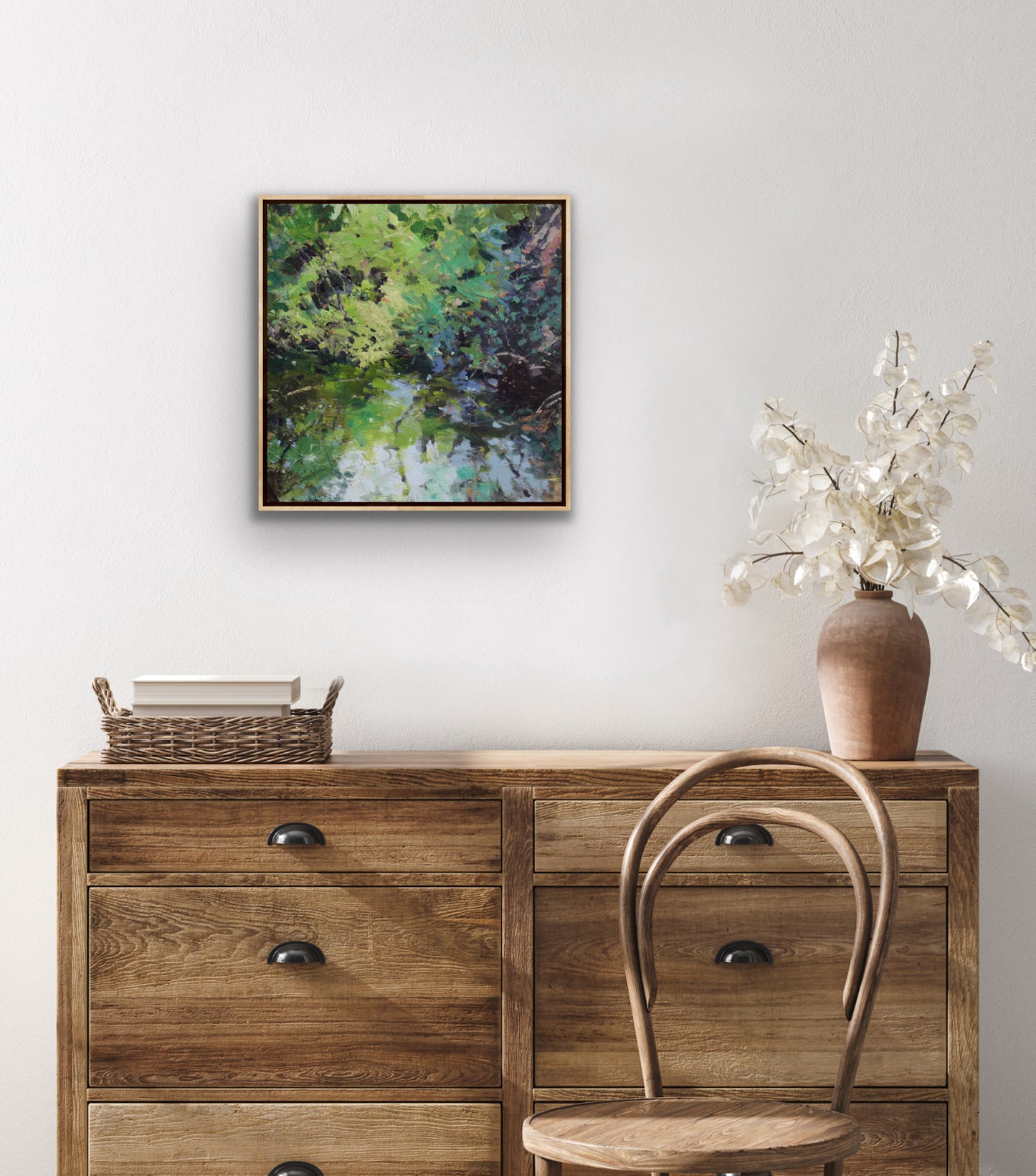 Reflections at pond edge, 51cmx 51cm, oil on linen, framed