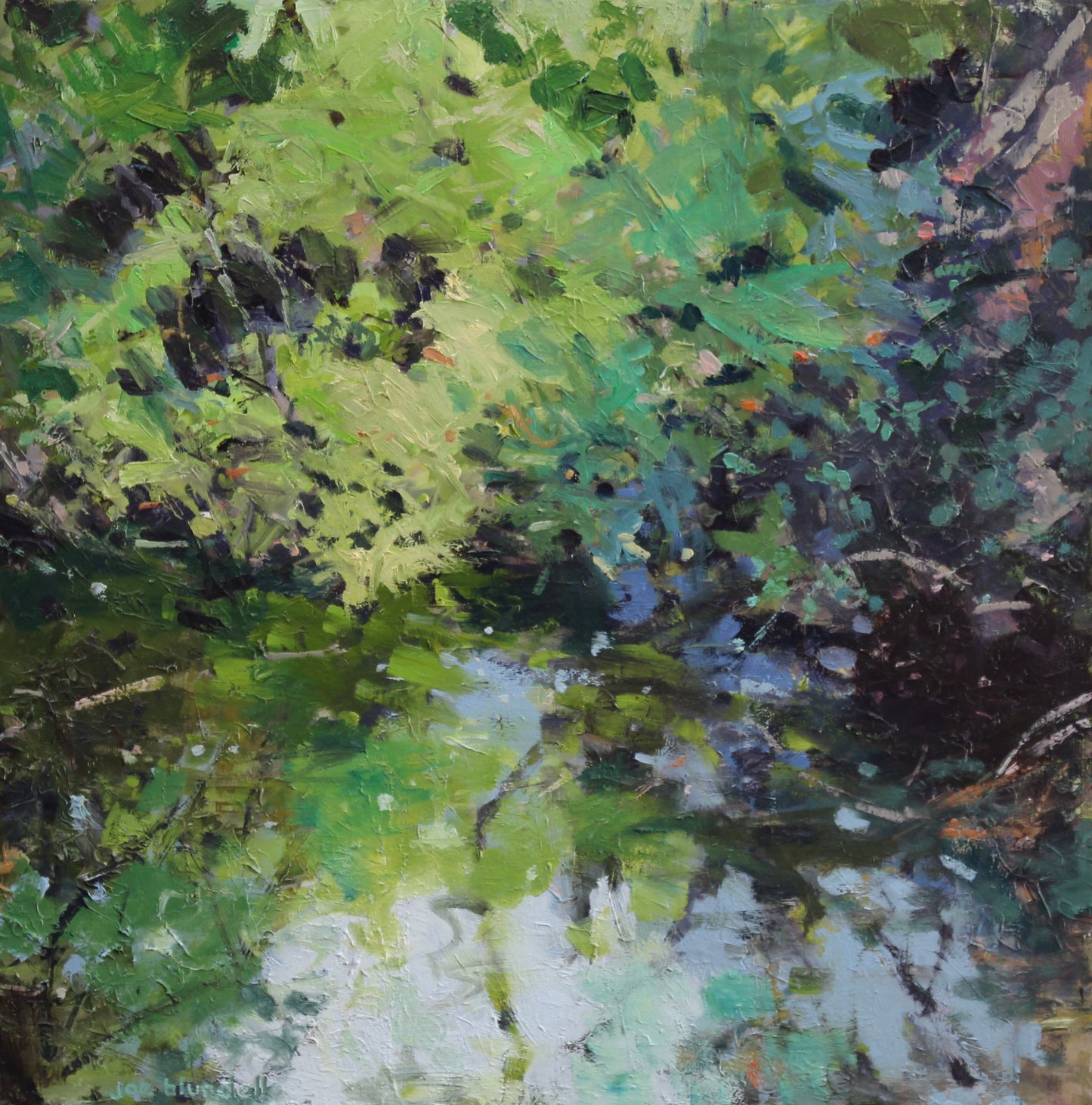 Reflections at pond edge, 51cmx 51cm, oil on linen, framed