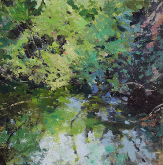 Reflections at pond edge, 51cmx 51cm, oil on linen, framed