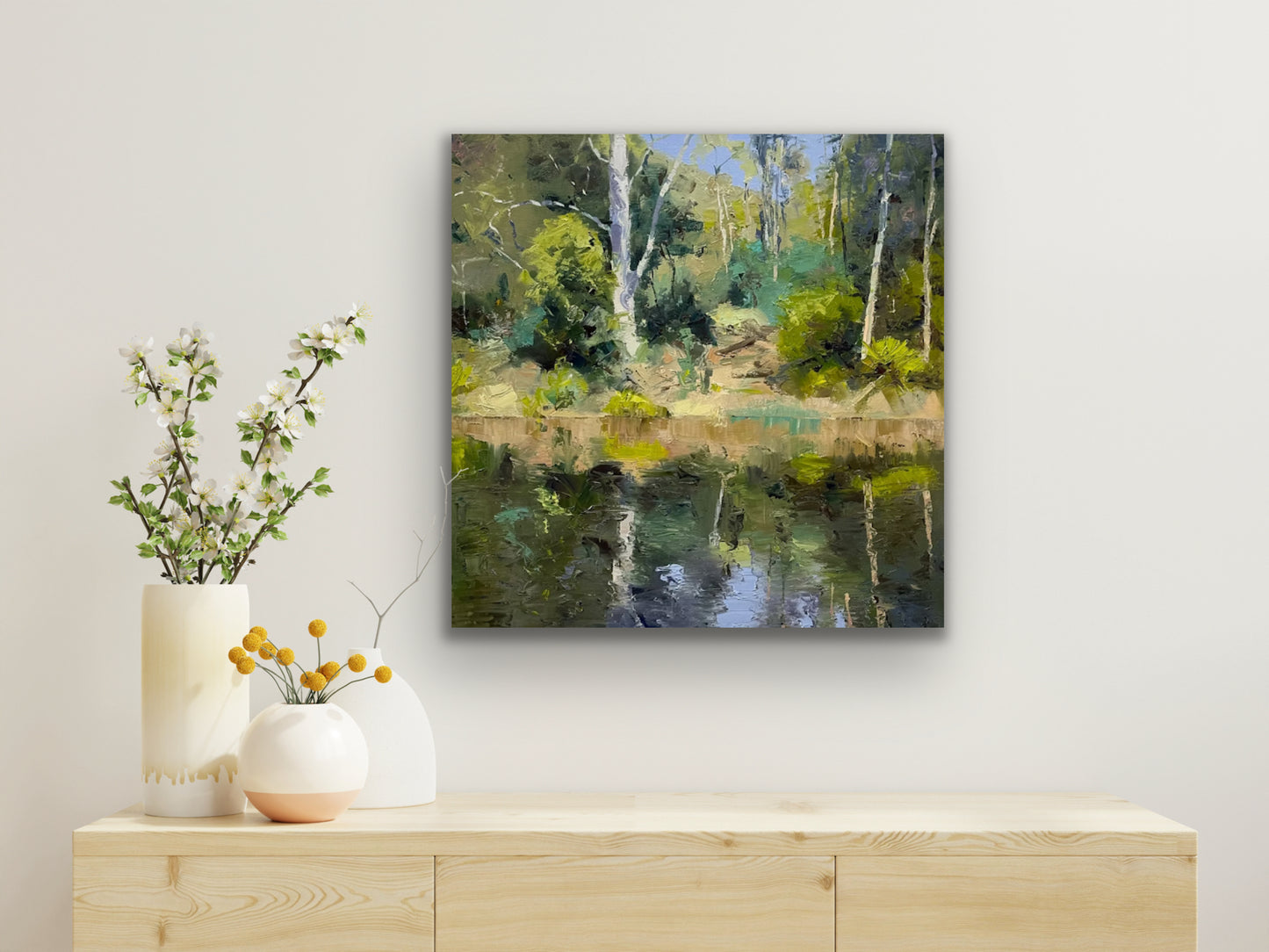 Riverbank Reflections 3 , 71cm x 71cm, oil on canvas, framed
