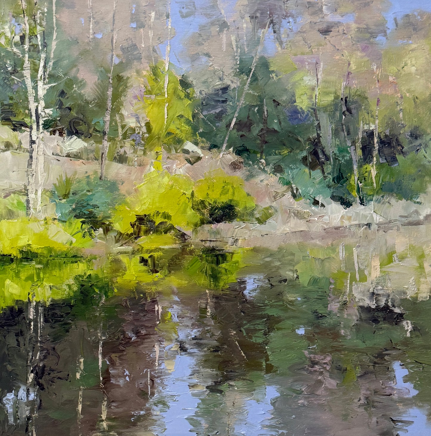 Riverbank reflections 2 , 71cm x 71cm, oil on canvas, framed