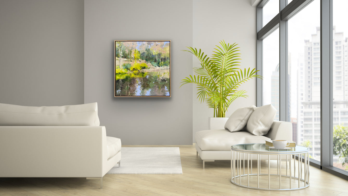 Riverbank reflections 2 , 71cm x 71cm, oil on canvas, framed