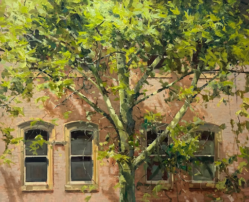 Summer, brick facade, 92cm X 112cm, oil on canvas, framed